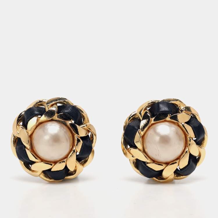Pre Owned Chanel Gold/Black Faux Pearl and Leather Chain Iconic Clip On Earrings