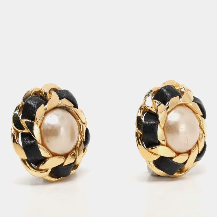 Pre Owned Chanel Gold/Black Faux Pearl and Leather Chain Iconic Clip On Earrings
