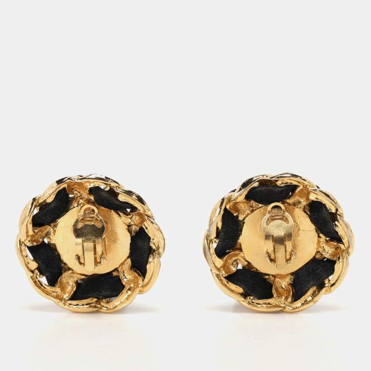 Pre Owned Chanel Gold/Black Faux Pearl and Leather Chain Iconic Clip On Earrings