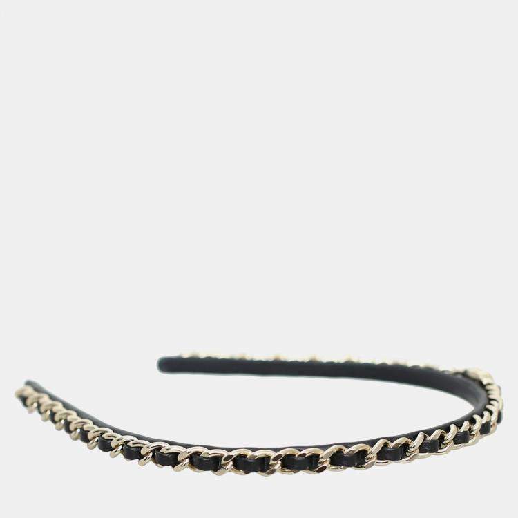 Pre Owned Chanel Black & Silver Leather and Metal CC Classic Chain Headband
