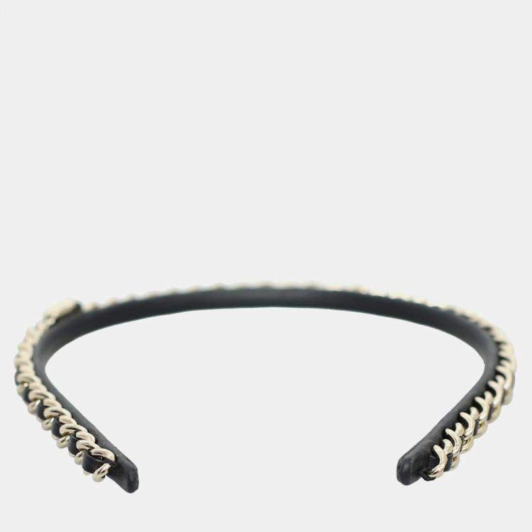 Pre Owned Chanel Black & Silver Leather and Metal CC Classic Chain Headband