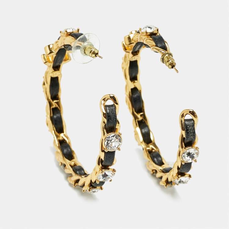 Pre Owned Chanel  CC Leather Crystals Gold Tone Hoop Earrings