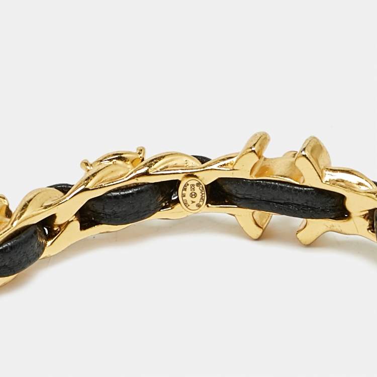 Pre Owned Chanel  CC Leather Crystals Gold Tone Hoop Earrings