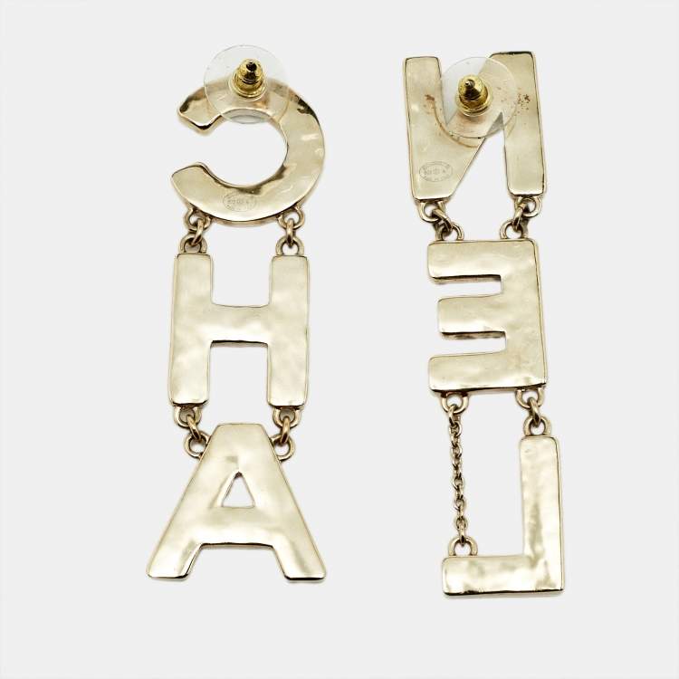 Pre Owned Chanel 'CHA-NEL' Enamel Gold  Tone Drop Earrings