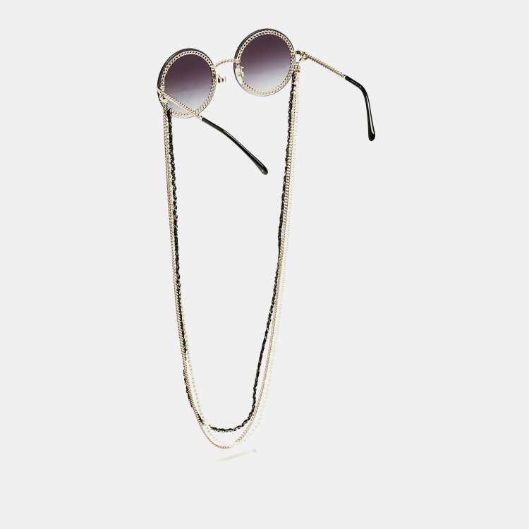 Pre Owned Chanel Gold Tone/Black Gradient 4245 Chain Round Sunglasses