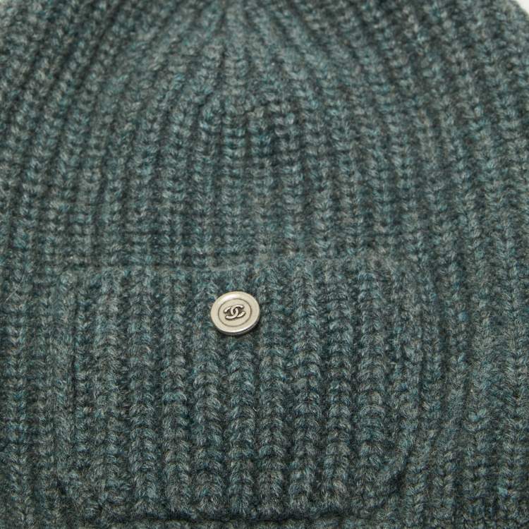 Pre Owned Chanel Grey Rib Knit Pocket Detail Beanie