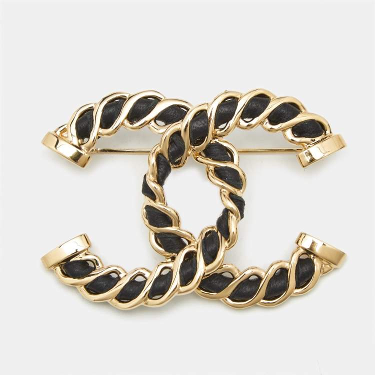 Pre Owned Chanel CC Leather Gold Tone Brooch