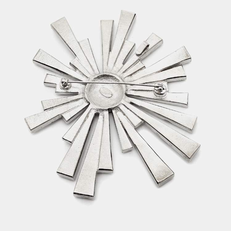 Pre Owned Chanel Starburst CC Enamel Crystals Silver Tone Brooch