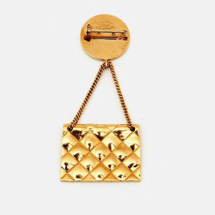 Pre Owned Chanel Hanging Flap Bag Motif Gold Tone Pin Brooch