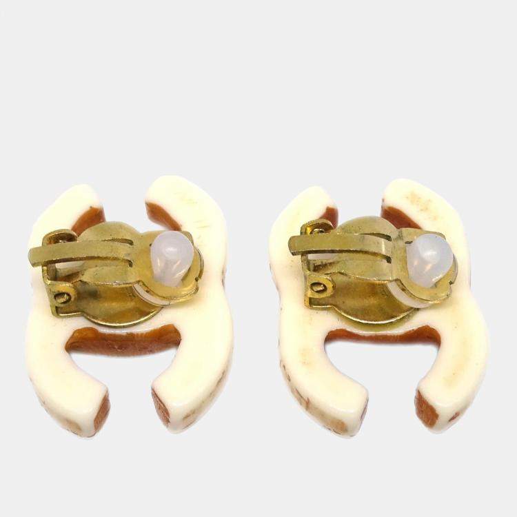 Pre Owned Chanel CC Earrings Clip-On White Acrylic