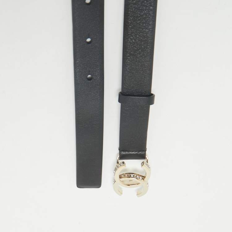 Pre Owned Chanel Black Leather CC Crystals Buckle Slim Belt 75CM