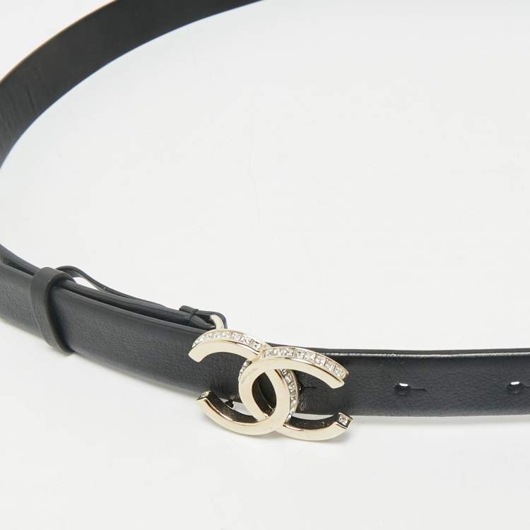 Pre Owned Chanel Black Leather CC Crystals Buckle Slim Belt 75CM