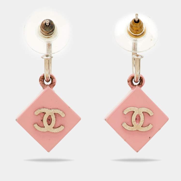 Pre Owned Chanel  CC Pink Enamel Silver Tone Earrings