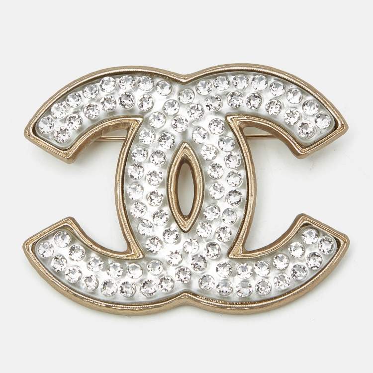 Pre Owned Chanel CC Crystal Resin Gold Tone Brooch