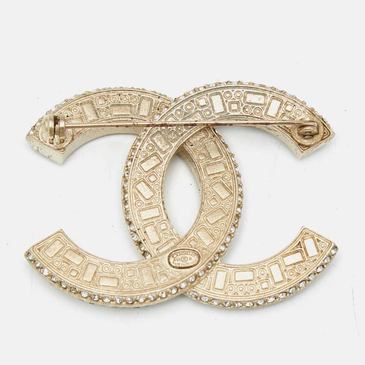 Pre Owned Chanel CC Crystal Embellished Gold Tone Pin Brooch