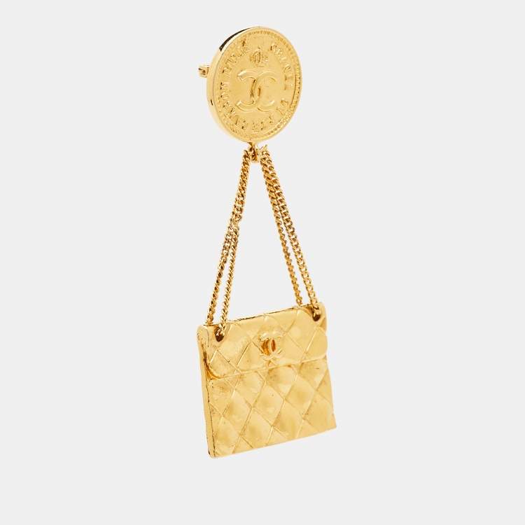 Pre Owned Chanel Hanging Flap Bag Motif Gold Tone Pin Brooch
