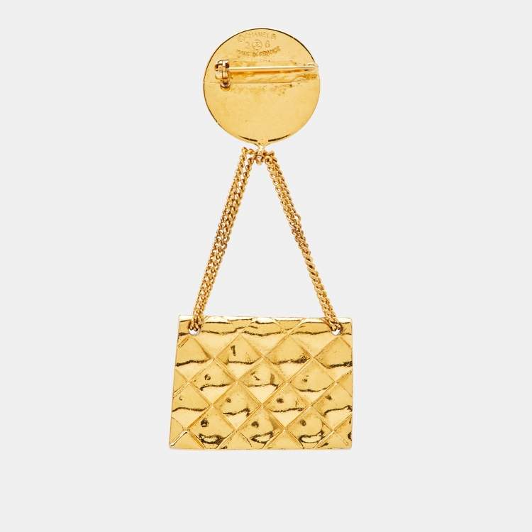 Pre Owned Chanel Hanging Flap Bag Motif Gold Tone Pin Brooch