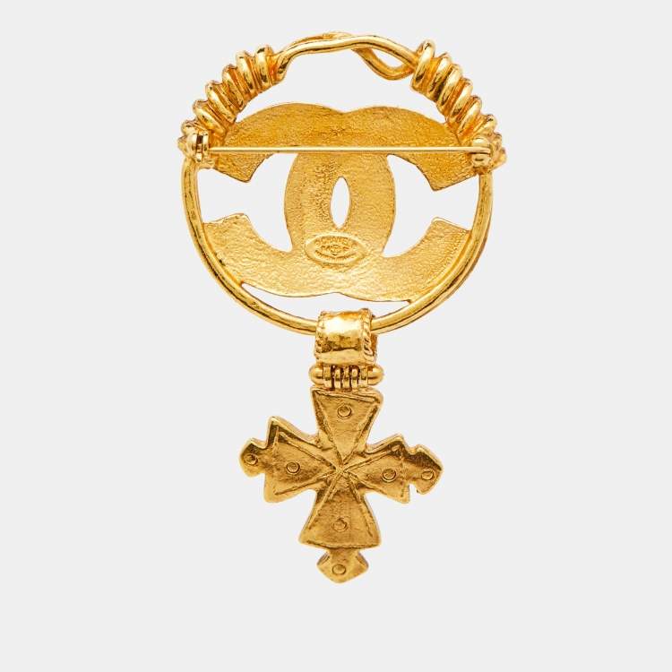 Pre Owned Chanel CC Logo Cross Drop Gold Tone Pin Brooch 