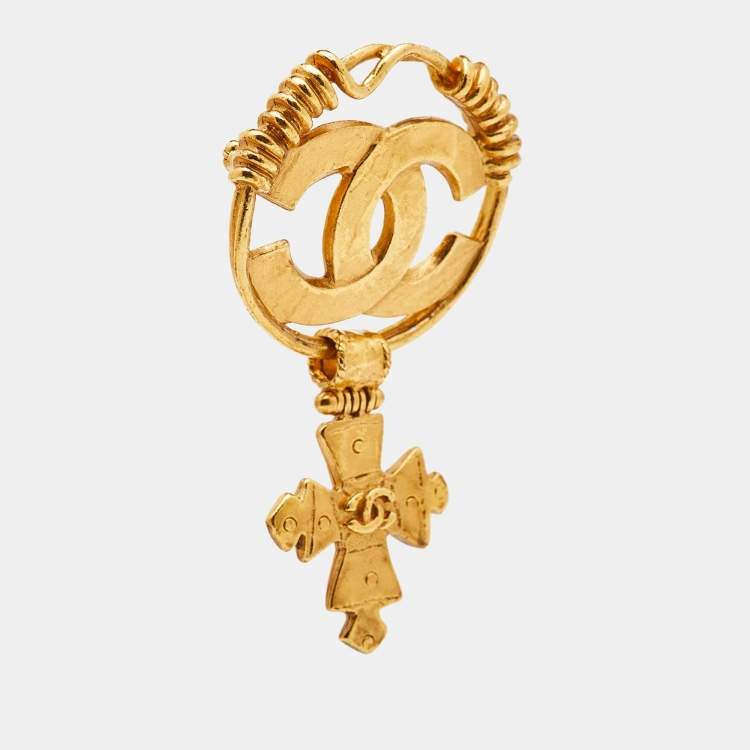 Pre Owned Chanel CC Logo Cross Drop Gold Tone Pin Brooch 