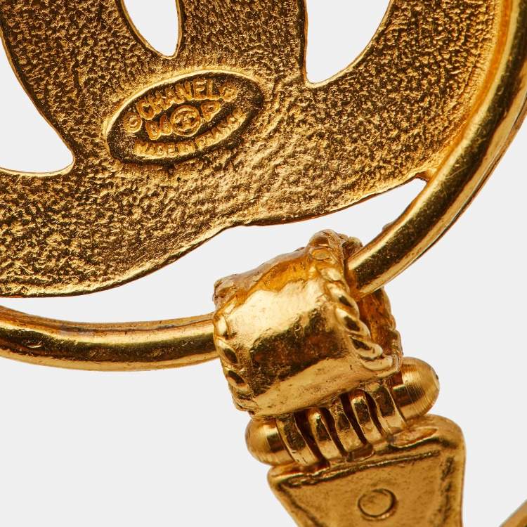 Pre Owned Chanel CC Logo Cross Drop Gold Tone Pin Brooch 