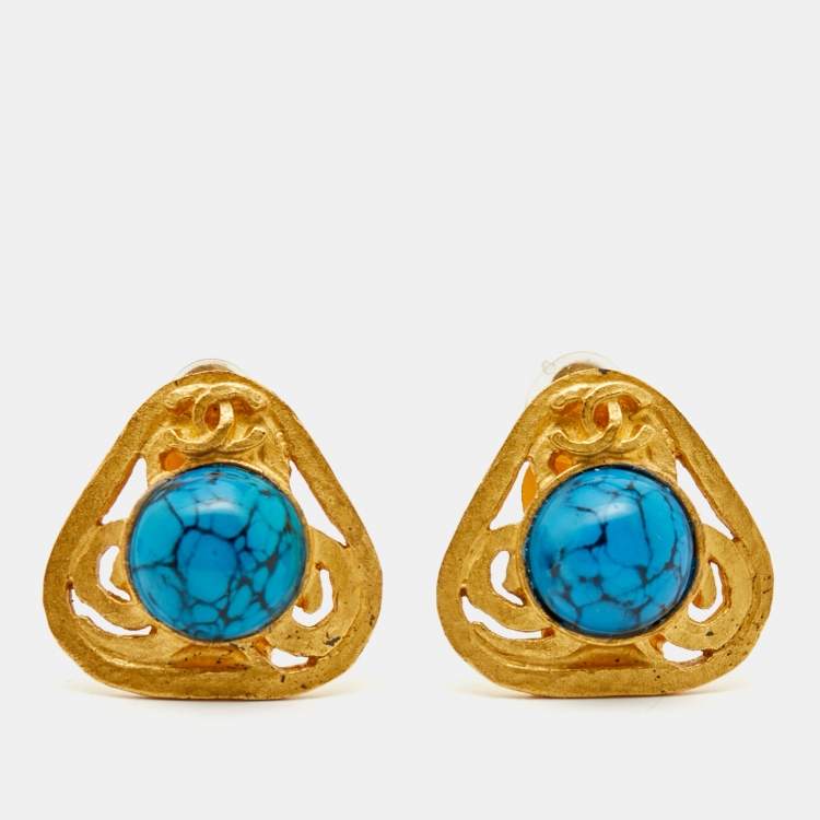 Pre Owned Chanel CC Composite Gold Tone Earrings
