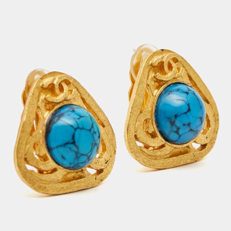 Pre Owned Chanel CC Composite Gold Tone Earrings