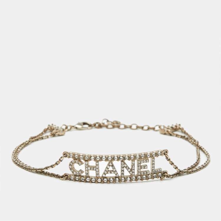 Pre Owned Chanel Logo Crystals Gold Tone Choker Necklace