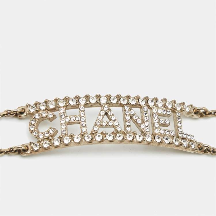 Pre Owned Chanel Logo Crystals Gold Tone Choker Necklace