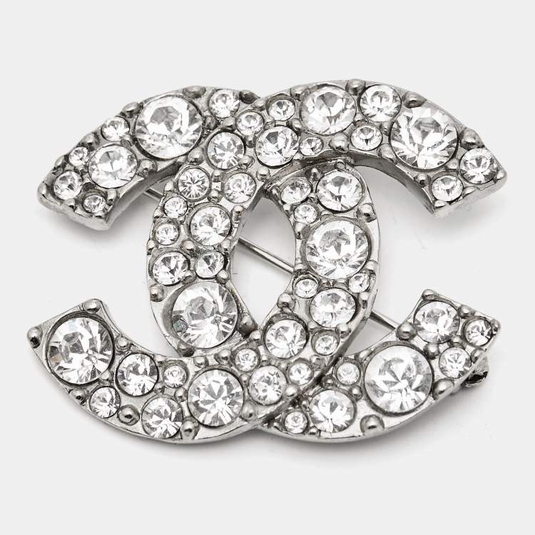 Pre Owned Chanel CC Crystals Silver Tone Brooch