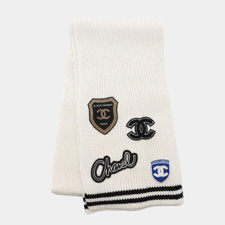 Pre Owned Chanel Logo Patch White Black 100% Cashmere Scarf