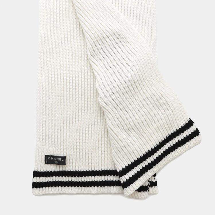 Pre Owned Chanel Logo Patch White Black 100% Cashmere Scarf