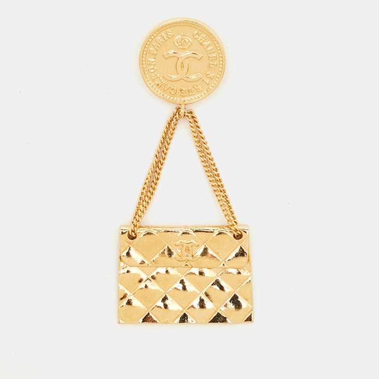 Pre Owned Chanel Hanging Flap Bag Motif Gold Tone Pin Brooch