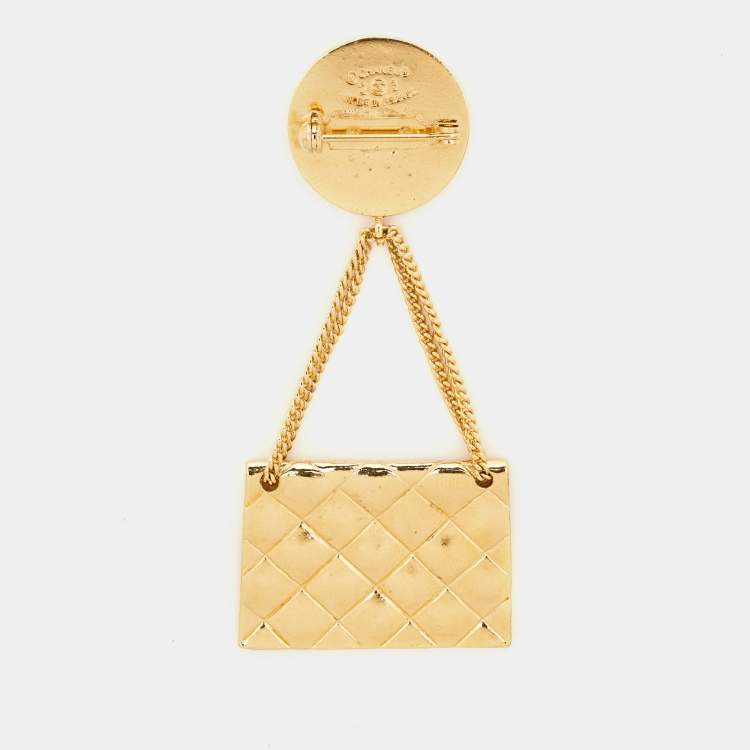 Pre Owned Chanel Hanging Flap Bag Motif Gold Tone Pin Brooch