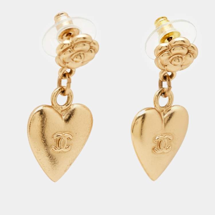 Pre Owned Chanel CC Flower Heart Gold Tone Dangle Earrings