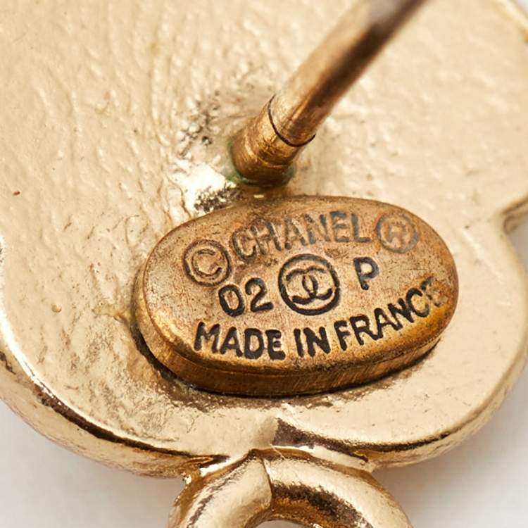 Pre Owned Chanel CC Flower Heart Gold Tone Dangle Earrings
