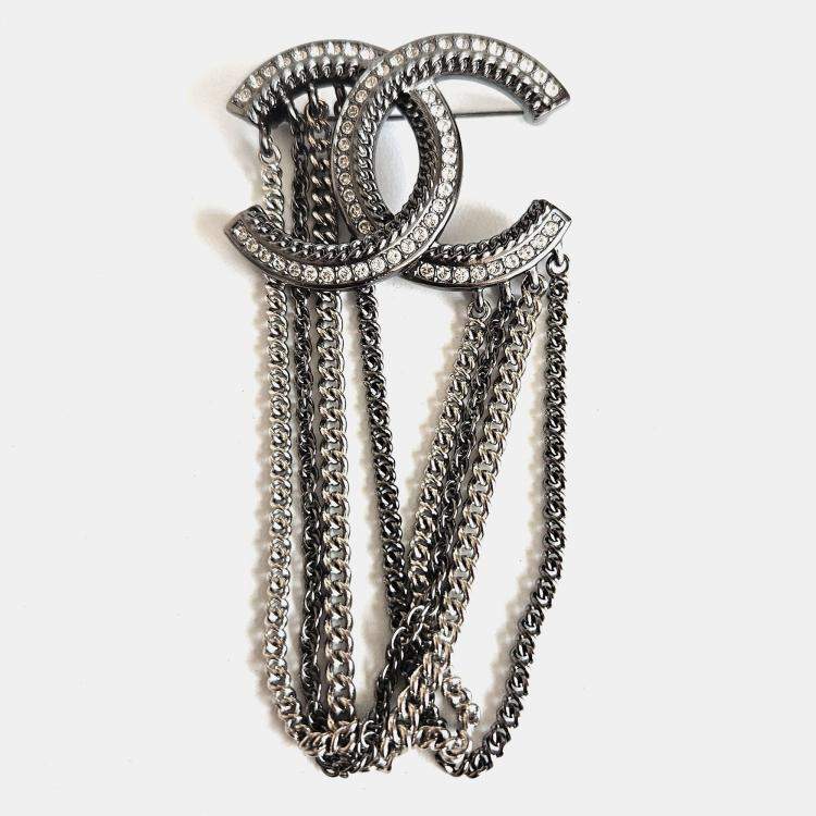 Pre Owned Chanel CC Multi Chain Silver Crystals Pin Brooch