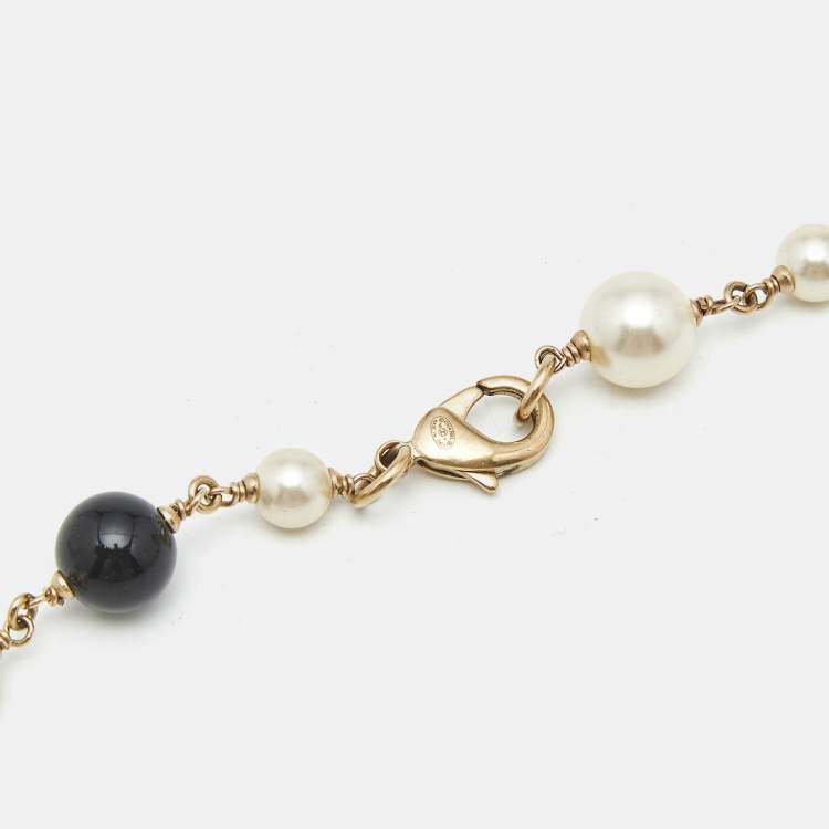 Pre Owned Chanel CC Camelia Faux Pearl Beads Enamel Gold Tone Metal Long Necklace