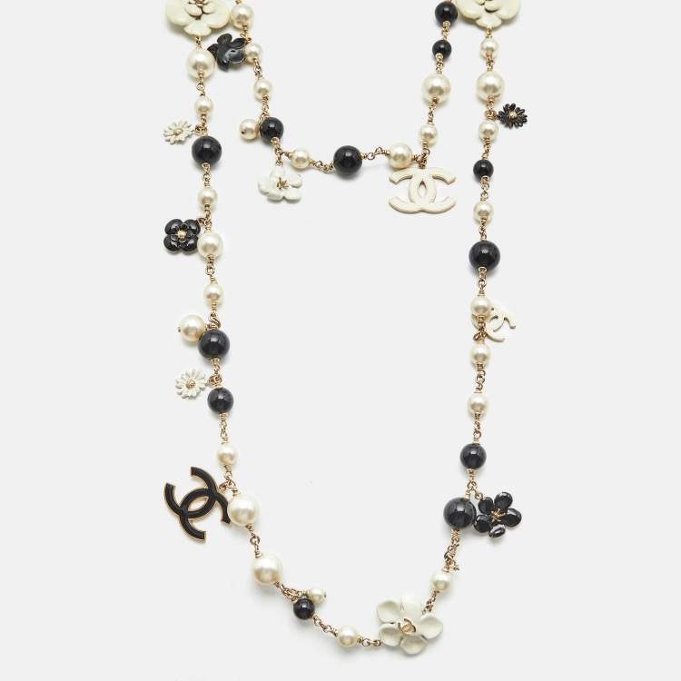Pre Owned Chanel CC Camelia Faux Pearl Beads Enamel Gold Tone Metal Long Necklace
