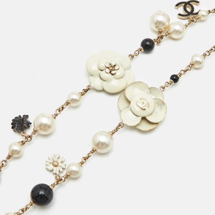 Pre Owned Chanel CC Camelia Faux Pearl Beads Enamel Gold Tone Metal Long Necklace