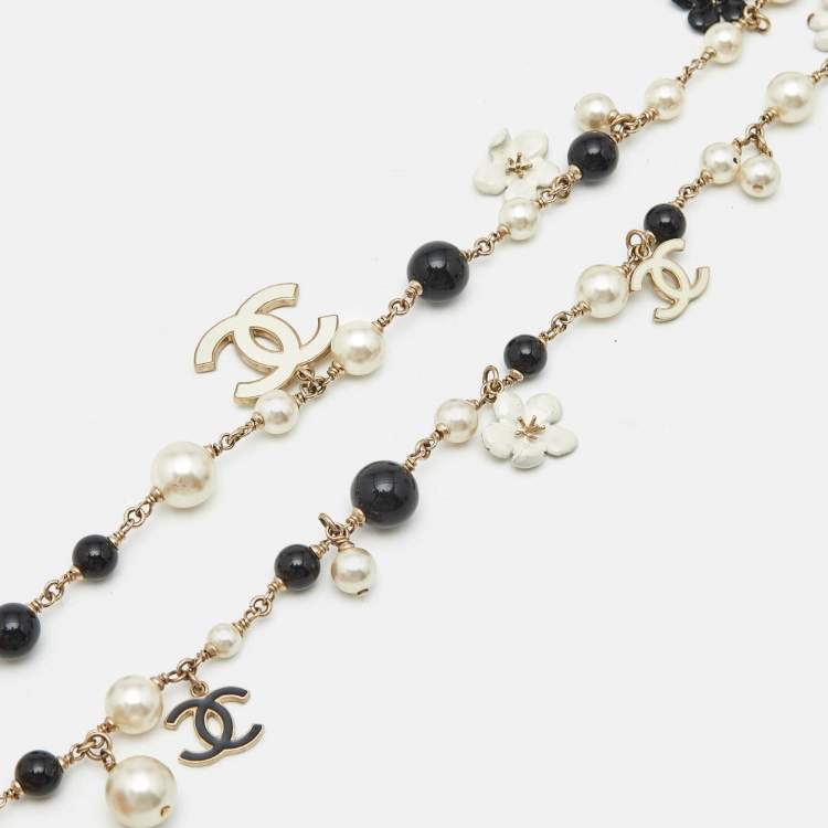Pre Owned Chanel CC Camelia Faux Pearl Beads Enamel Gold Tone Metal Long Necklace