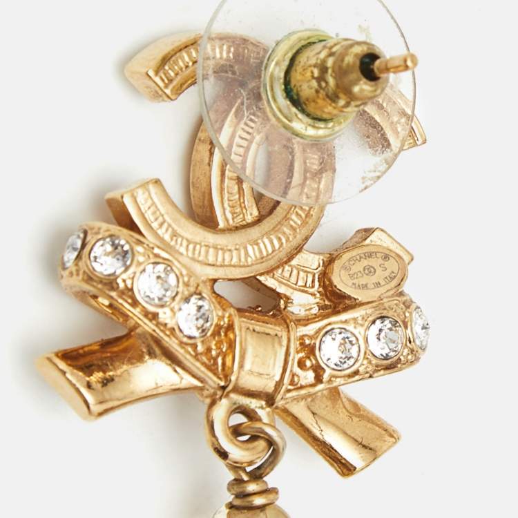 Pre Owned Chanel CC Bow Crystals Beads Gold Tone Earrings