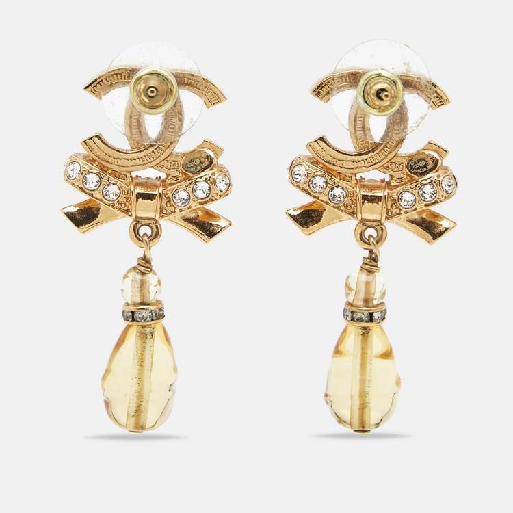 Pre Owned Chanel CC Bow Crystals Beads Gold Tone Earrings