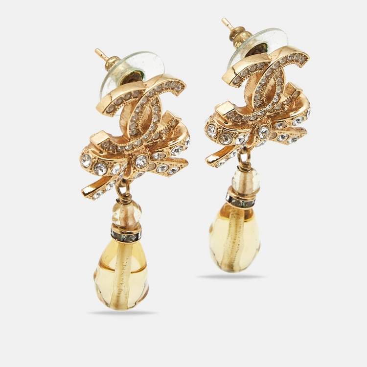 Pre Owned Chanel CC Bow Crystals Beads Gold Tone Earrings