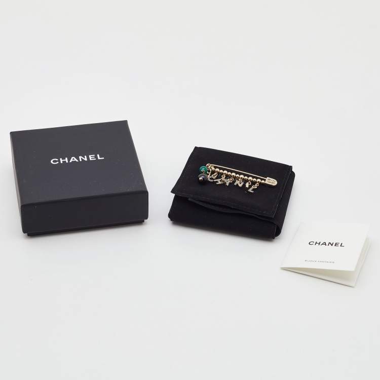 Pre Owned Chanel Logo Multicolor Crystal Safety Pin Brooch 
