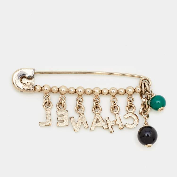 Pre Owned Chanel Logo Multicolor Crystal Safety Pin Brooch 