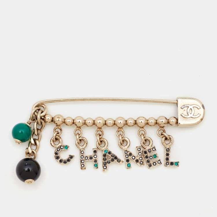 Pre Owned Chanel Logo Multicolor Crystal Safety Pin Brooch 