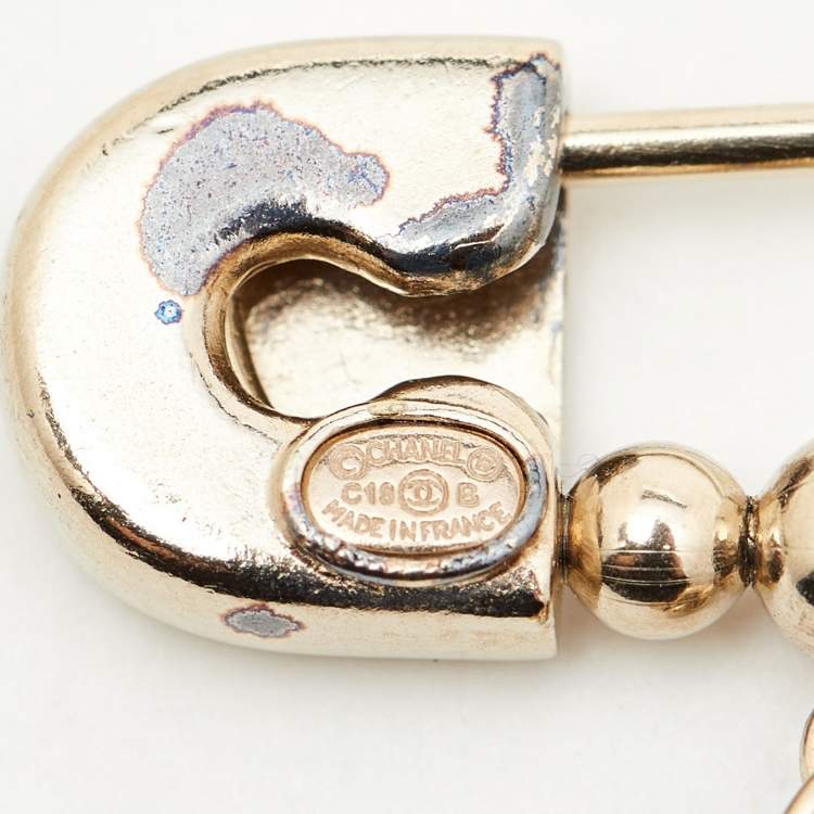 Pre Owned Chanel Logo Multicolor Crystal Safety Pin Brooch 