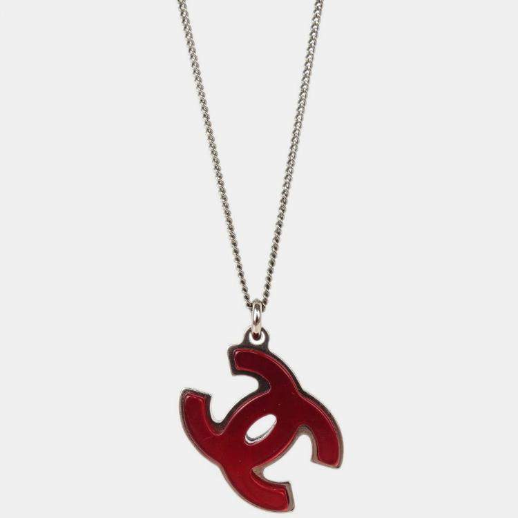 Pre Owned Chanel CC Chain Silver Red Black Acrylic Pendant Necklace