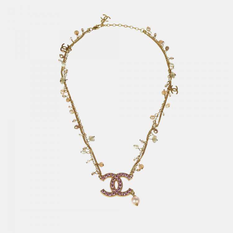 Pre Owned Chanel CC Rhinestone Artificial Pearl Gold Chain Pendant Necklace