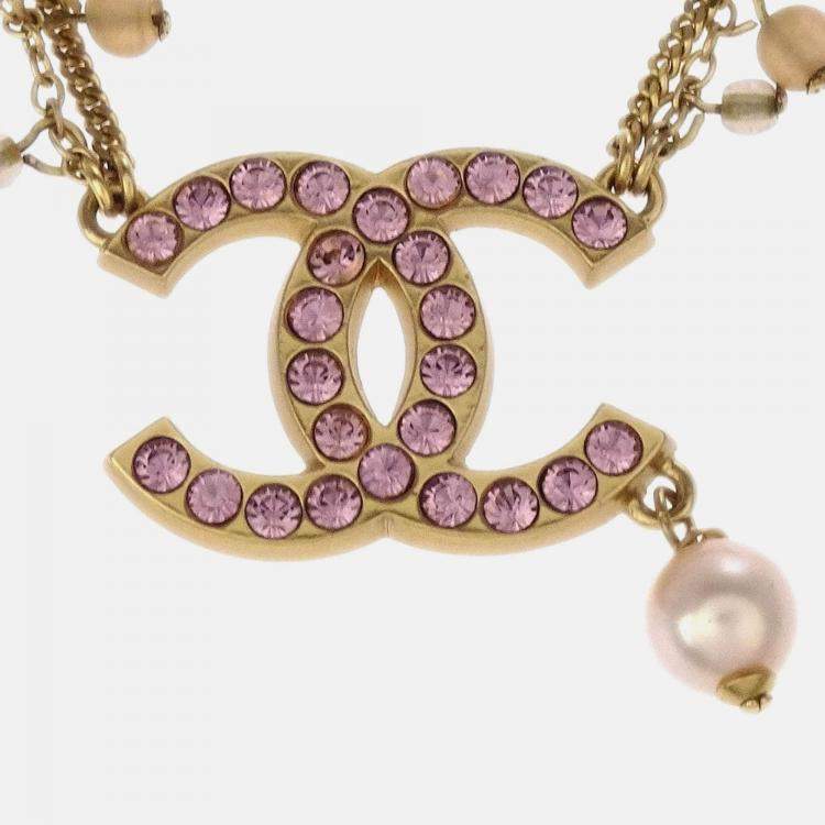 Pre Owned Chanel CC Rhinestone Artificial Pearl Gold Chain Pendant Necklace